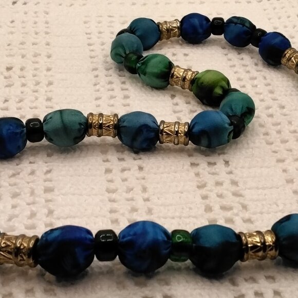 Fabric Wrapped Bead Necklace in Blues and Greens with Silver Metal Spacers - Picture 4 of 5